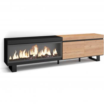 Mueble TV Industrial con Chimenea Eléctrica XXL, para Televisores hasta 80, Diseño Moderno en Roble y Negro, 210 cm