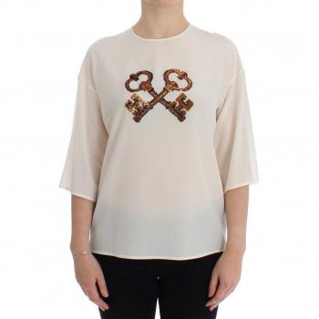Dolce & Gabbana White Sequined Key Silk Blouse T-shirt Top - IT42|M