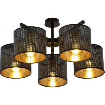 Plafón de techo semiempotrable Emibig Jordan, negro/oro, 5 luces E27 con pantallas de tela negra y dorada