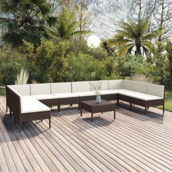 11-Piece Brown Poly Rattan Garden Lounge Set with Cushions