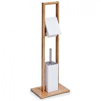 Zeller 18636 - Dispensador de papel higiénico con escobilla, Bambú / MDF, blanco