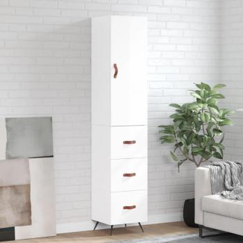 Aparador alto de madera contrachapada blanco brillo 34,5x34x180 cm con 3 cajones, mueble de almacenaje para salón, buffet y armario auxiliar