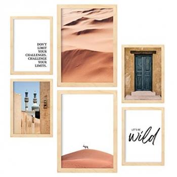 Set de 6 Cuadros con Láminas Fotográficas del Desierto de Marruecos - Decoración Mural para el Hogar en Tamaños A3 y A4 con Marco de Madera Clara