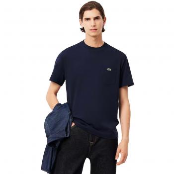 Camiseta de Hombre Lacoste de Algodón con Bolsillo en el Pecho - Manga Corta Azul Marino - Talla Regular/36