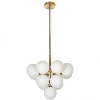 Lámpara Colgante de Techo Glamour 13 Luces con Pantallas de Globo de Vidrio Blanco y Base de Metal Latón 100 cm