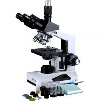 AmScope T490A-DK Compound Trinocular Microscope, WF10x and WF16x Eyepieces, 40X-1600X Magnification, Brightfield/Darkfield, Halogen Illumination, Abbe Condenser, Double-Layer Mechanical Stage, Sliding Head, High-Resolution Optics by AmScope