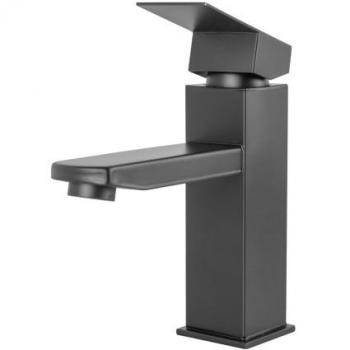 GreenIce | Grifo Lavabo Latón/Zinc, Negro, Agua Caliente-Fría, Latiguillos, Caño Bajo, Monomando [QLI-FA-4311]