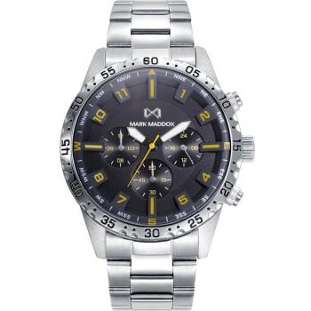 Reloj Mark Maddox Mission HM0135-54 Multifunción para Hombre con Esfera Negra, Índices Amarillos y Brazalete de Acero