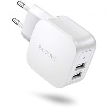 RAVPower Cargador USB con 2 Puertos USB 17W, Cargador de Red Tecnología iSmart 2.0 Compatible con el iPhone XS MAX/XR/X, Galaxy S9/S8, Nintendo Switch y Más Blanco