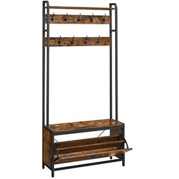 VASAGLE Perchero Zapatero con Banco, 9 Ganchos, Estante Superior, Estilo Industrial, Marrón Rústico y Negro