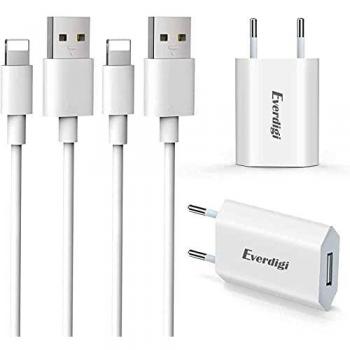 Everdigi Cargador Enchufe Adaptador USB + Cable de Carga para Phone 5 6 S 7 8 X S Plus 1m