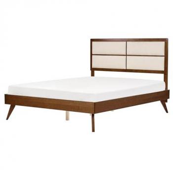 Cama matrimonial con somier y cabecero tapizado en madera oscura y beige claro 160 x 200 cm Poissy