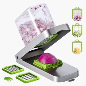 VEVOR 3-Blade Stainless Steel Vegetable Chopper with Container for Quick Onion and Potato Cutting, Dishwasher Safe Kitchen Tool