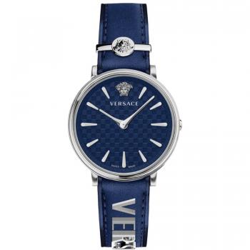 Versace Blue/Silver V Circle Leather Watch, female, Blue, Size: ONE SIZE