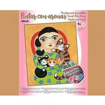 Arenart | 1 Lámina Frida Kahlo Gatos 38x46cm | para Pintar con Arenas de Colores | Manualidades para Adultos y Jóvenes | Dibujo Fácil | Pintar por números | +9 años