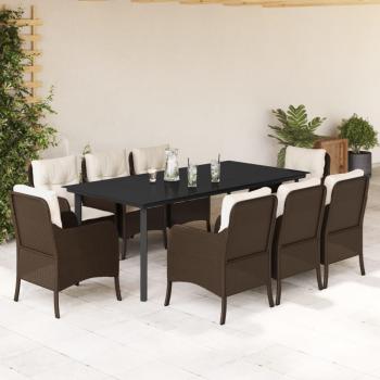 9-Piece Brown Poly Rattan Garden Dining Set with Cushions