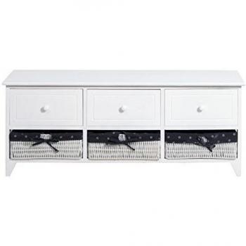 Banco blanco bajo armario de cajones banco brillante redondo de 3 cajones de madera perillas 3 cestas de mimbre
