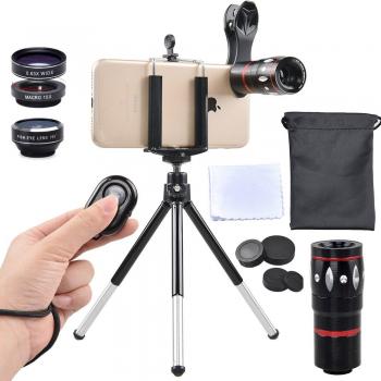 Apexel 5 in 1 Camera Lens Kit - Telephoto + Fisheye + Wide Angle & Macro + Wireless Shutter with Mini Tripod + Phone Holder for iPhone and Android Devices