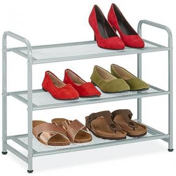 Zapatero Estrecho de Metal Plateado para 6 Pares de Zapatos, 3 Baldas, Dimensiones 48x60x25 cm - Relaxdays