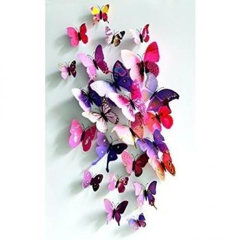 FiveSeasonStufff 24 Piezas Mezcla Rosado y Púrpura 3D Mariposas Adhesivos Colección / 3D Efecto Mariposas Pegatinas con Imán y Masilla para el Refrigerador y la Pared Decoración / Anualidades Bricolaje