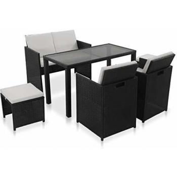 6-Piece Black Poly Rattan Outdoor Dining Set with Cushions