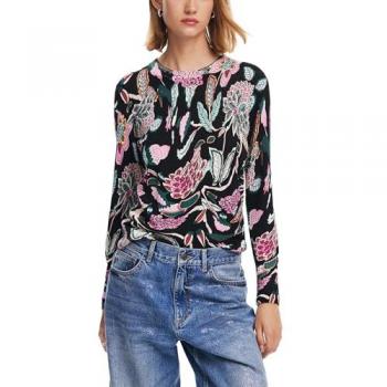 Desigual - Jersey de mujer de punto con dibujos botánicos, sudadera negra, talla XXL
