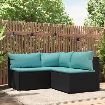 Sofá de jardín 3 piezas con cojines negros en Polyrattan