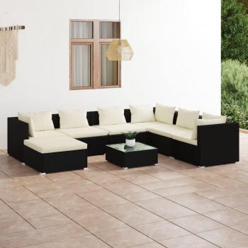 8-Piece Black Poly Rattan Garden Lounge Set with Cushions