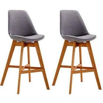 Set 2 Taburetes Cannes en Tela Gris Natural con Base de Madera, Altura Alta, Respaldo y Reposapiés