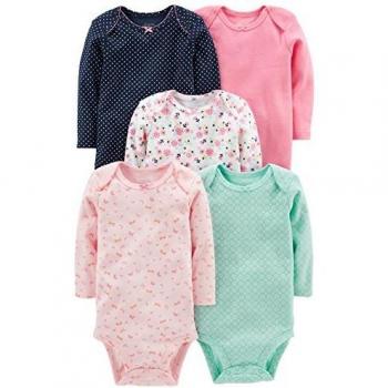 Simple Joys by Carter's Body de Manga Larga Bebé Niña, Pack de 5, Rosa/Azul Marino/Verde Menta, Floral, 3-6 Meses