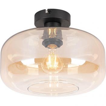 Plafón Art Déco Negro con Cristal Ámbar - Bizle, Vidrio/Acero, Redonda, Adecuado para LED, Máx. 1 x 25 Watt