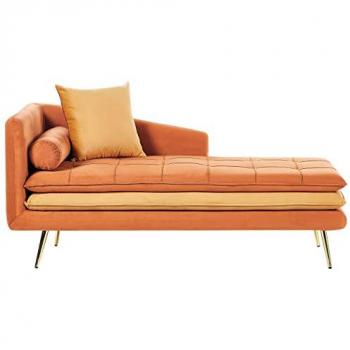 Chaise Lounge de Terciopelo Naranja Izquierdo con Cojines, Botones y Espuma Densa Gonesse