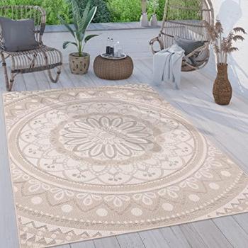 Alfombra Interior y Exterior Terraza Oriental Boho, tamaño: 160x220 cm, color: Arena, diseño: Motivo Oriental Marroquí Moderna Étnica Mandala