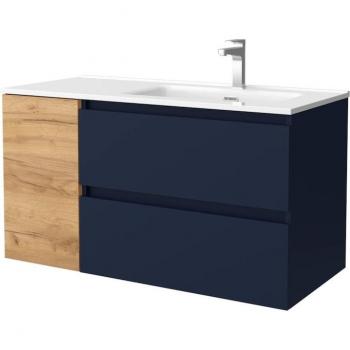 Mueble de baño Bequia con lavabo Oslo y coqueta 1 puerta izquierda, dimensiones 100x45x56 cm, acabado en azul/roble