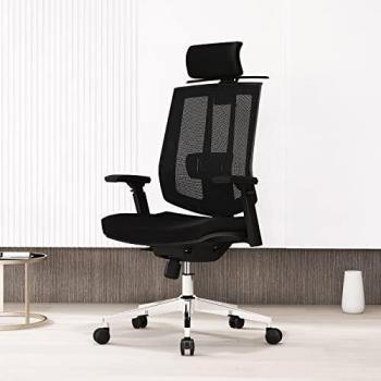 AMILZ Silla de oficina ergonómica, silla para ordenador con soporte lumbar, silla giratoria de malla con respaldo alto, reposacabezas, respaldo y reposabrazos ajustables, con perchero