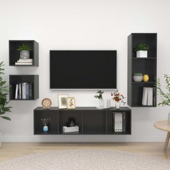 vidaXL Set de muebles de salón 4 piezas madera ingeniería y aglomerado gris brillante, incluye Mueble TV, Mesa de TV, Mueble Televisor