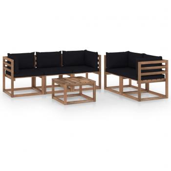 vidaXL Conjunto de Muebles de Jardín de 6 Piezas con Cojines Negros