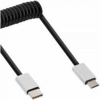 Cable USB 2.0 Espiral 0,5 m Tipo C a Micro-USB B Aluminio Negro