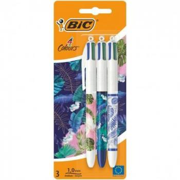 Bolígrafo BIC 4 Colores Decorados - Pack de 3 - Recargable - Punta Media