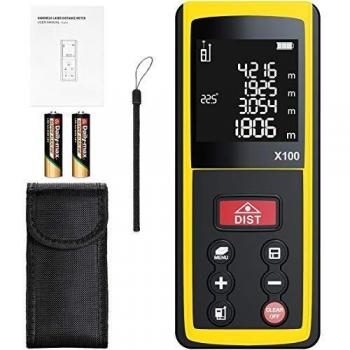 Medidor Laser papasbox 100m/328ft Medidor de Distancia con Sensor de Ángulo Electrónico,99 Datos, Mida Rápidamente Distancia, Área y Volumen, LCD Pantalla Reiluminada de 4 Líneas IP54