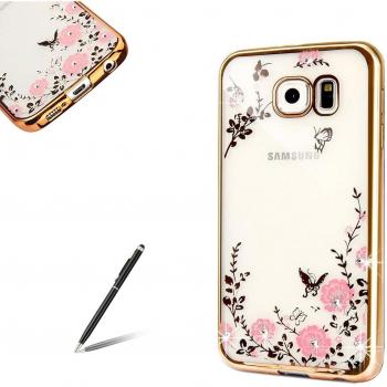 Feeltech Samsung Galaxy S6 Edge Plus Funda Ultra Thin Delgado Brillar Suave de TPU Electrochapado Case con Diseño Jardín Secreto Flores El Bling Cristal Diamante Bumper Espalda Cáscara para Samsung Galaxy S6 Edge Plus-Oro Rosado Henna