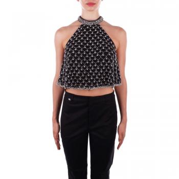 Chic Black Sleeveless Tulle Top with Embroidery - Size S