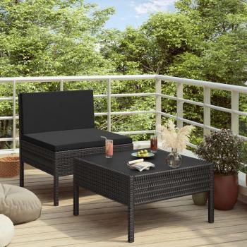 2-Piece Black Poly Rattan Garden Lounge Set with Cushions