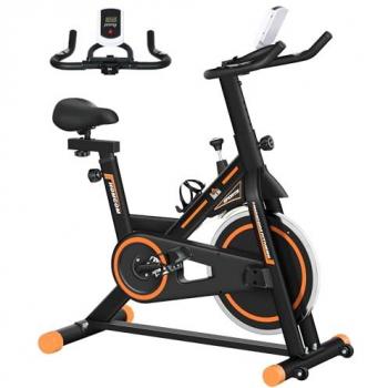 Bicicleta Estática HOMCOM con Volante de Inercia 8 kg, Resistencia Ajustable, Pantalla LCD, Pulsómetro y Asiento Ajustable - Carga 120 kg - Negro y Naranja