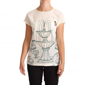 Dolce & Gabbana White Silk Garden Fountain T-Shirt Blouse - IT36 | XS