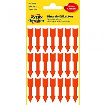 Etiquetas Adhesivas en Forma de Flecha Avery Zweckform 3008, 39 x 9 mm, Color Rojo Brillante, Paquete de 63 Etiquetas