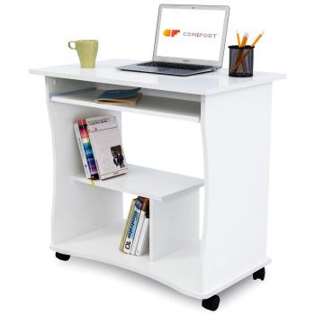 COMIFORT Mesa de Ordenador con Bandeja Extraíble – Escritorio Robusto y Espacioso, Estilo Moderno y Minimalista, Capacidad Almacenaje, Estante y Ruedas, Color Blanco