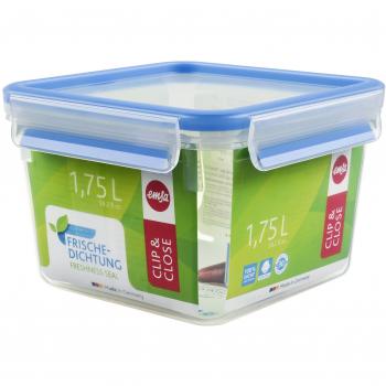 Emsa Clip & Close Conservador Hermético de Plástico Cuadrado, higiénico, no retiene olores ni sabores 100% Libre de BPA, Transparente y Azul, 1.75 L