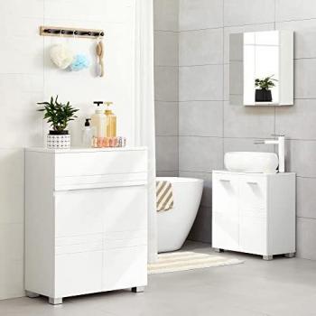 Armario de baño blanco 60x30x80 cm, mueble de almacenamiento con cajón y doble puerta, estante ajustable, ideal para entrada y pasillo