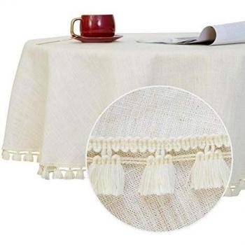 Deconovo Manteles Mesa de Salón Impermeable Moderno Mantel Rectangular con Borlas 140cm Blanco